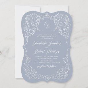 Dusty Blue Vintage Flourish Monogram Wedding Invitation