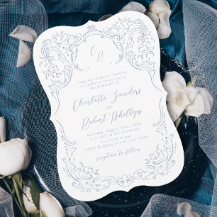 Dusty Blue Vintage Flourish Monogram Wedding Invitation