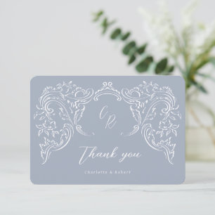 Dusty Blue Vintage Flourish Monogram Wedding Thank You Card