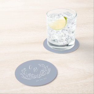 Dusty Blue Vintage Flourish Wedding Monogram Round Paper Coaster