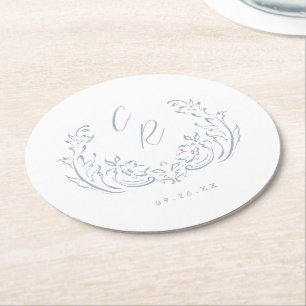 Dusty Blue Vintage Flourish Wedding Monogram Round Paper Coaster