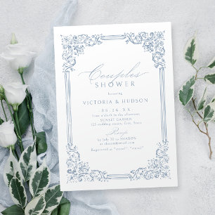 Dusty Blue Vintage Frame Elegant Couples Shower Invitation