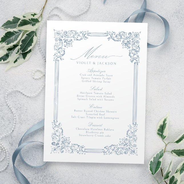Dusty Blue Vintage Frame Elegant Script Wedding Menu (Dusty Blue Vintage Frame Elegant Script Wedding Menu)