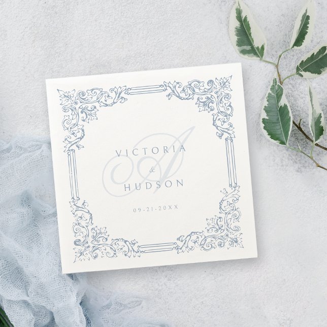 Dusty Blue Vintage Frame Elegant Wedding Monogram Napkin (Dusty Blue Vintage Frame Elegant Wedding Monogram Napkins)