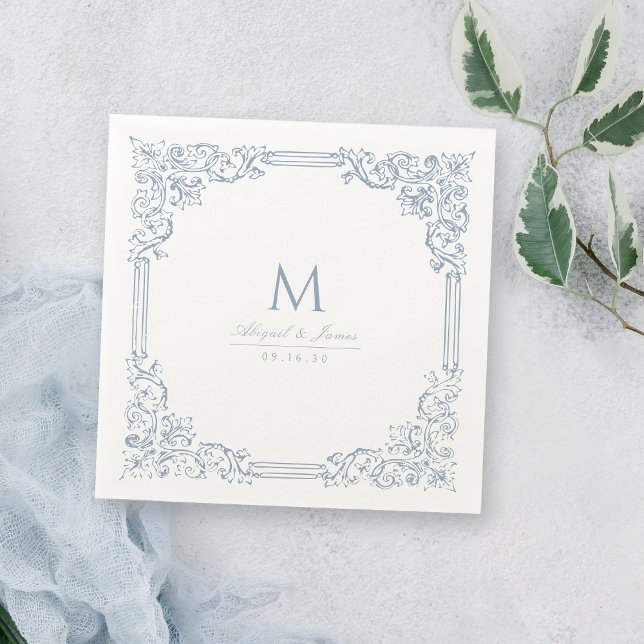 Dusty Blue Vintage Frame Elegant Wedding Monogram Napkin (Dusty Blue Vintage Frame Elegant Wedding Monogram Napkins)