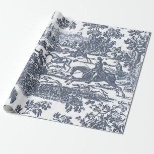 Dusty Blue Vintage Hunting Horses and Hounds Wrapping Paper