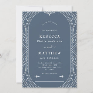 Dusty Blue Vintage Modern Deco Geometric Wedding Invitation