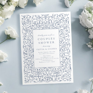 Dusty Blue Vintage Ornate Frame Couples Shower Invitation