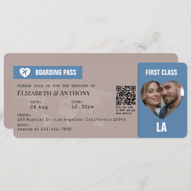 Dusty Blue & Warm Taupe Boarding Pass Wedding Invitation (Front/Back)