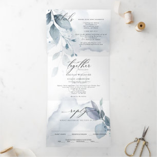 Dusty Blue Watercolor  ALL IN ONE WEDDING  Tri-Fol Tri-Fold Invitation