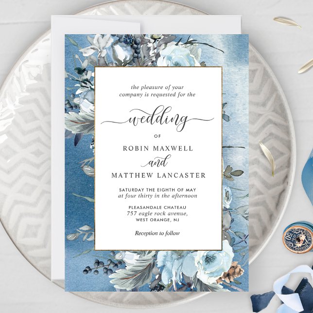 Dusty  Blue Watercolor and Elegant Floral Wedding Invitation (Creator Uploaded)