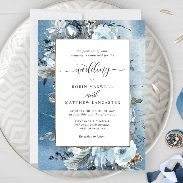 Dusty Blue Watercolor and Elegant Floral Wedding Invitation | Zazzle