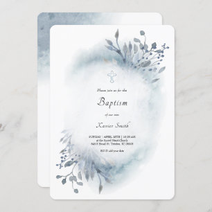 •dusty blue watercolor  Baptism baby boy Invitation