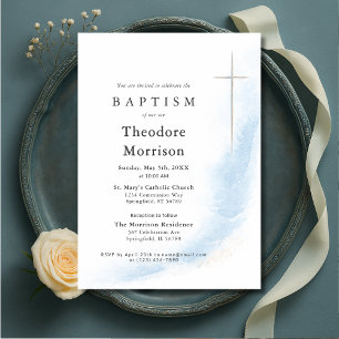 Dusty Blue Watercolor Baptism Boy Invitation