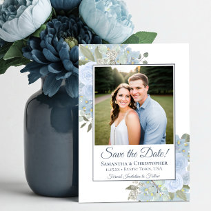 Dusty Blue Watercolor Boho Floral Photo Wedding Save The Date