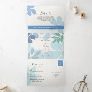 Dusty Blue Watercolor Boho Floral Wedding Tri-Fold Invitation