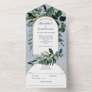 Dusty BLue, Watercolor Botanic Greenery Boho Arch All In One Invitation