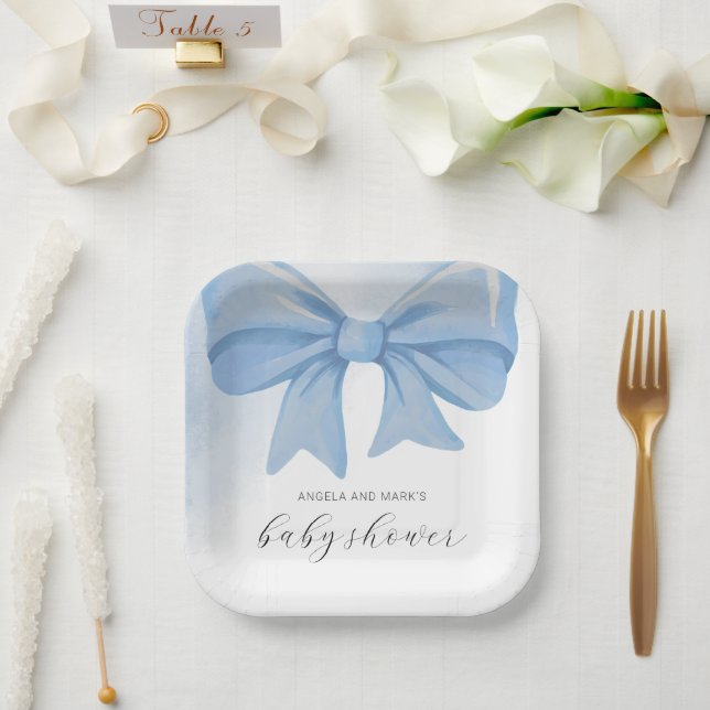 Dusty Blue Watercolor Bow Baby Shower Paper Plate (Wedding)