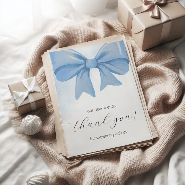 Dusty Blue Watercolor Bow Baby Shower Thank You Card (Dusty Blue Watercolor Bow Baby Shower Thank You Card)