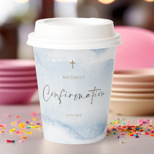 Dusty Blue Watercolor Boy Confirmation Paper Cups