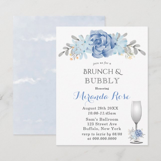 Dusty Blue Watercolor Brunch & Bubbly Invites (Front/Back)