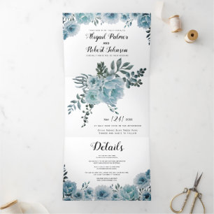 Dusty blue watercolor cactus flowers wedding Tri-Fold invitation