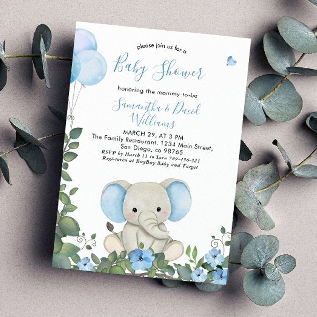 Dusty Blue Watercolor Cute Elephant Baby Shower Invitation (Creator Uploaded)