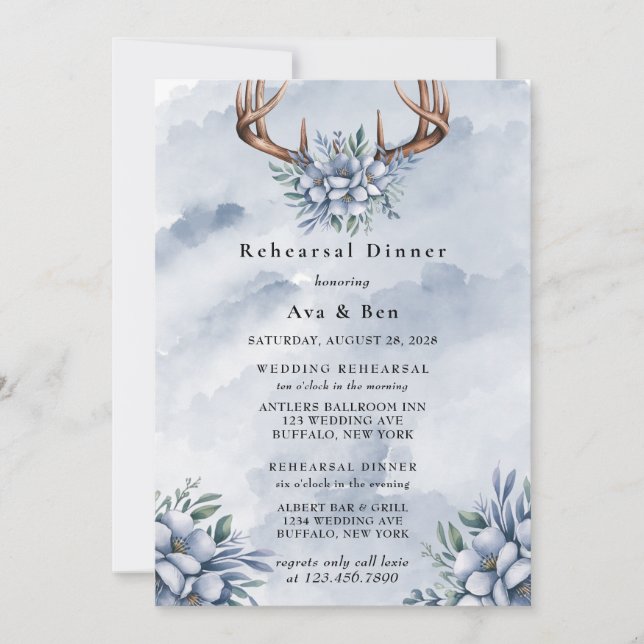 Dusty Blue Watercolor Deer Antler Rehearsal Dinner Invitation (Front)