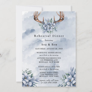 Dusty Blue Watercolor Deer Antler Rehearsal Dinner Invitation