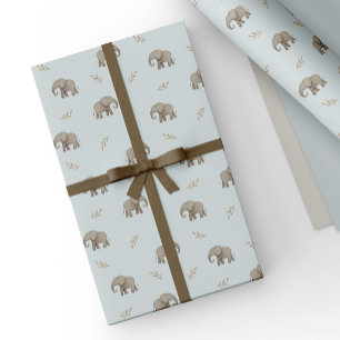 Dusty Blue Watercolor Elephants Safari Pattern Wrapping Paper