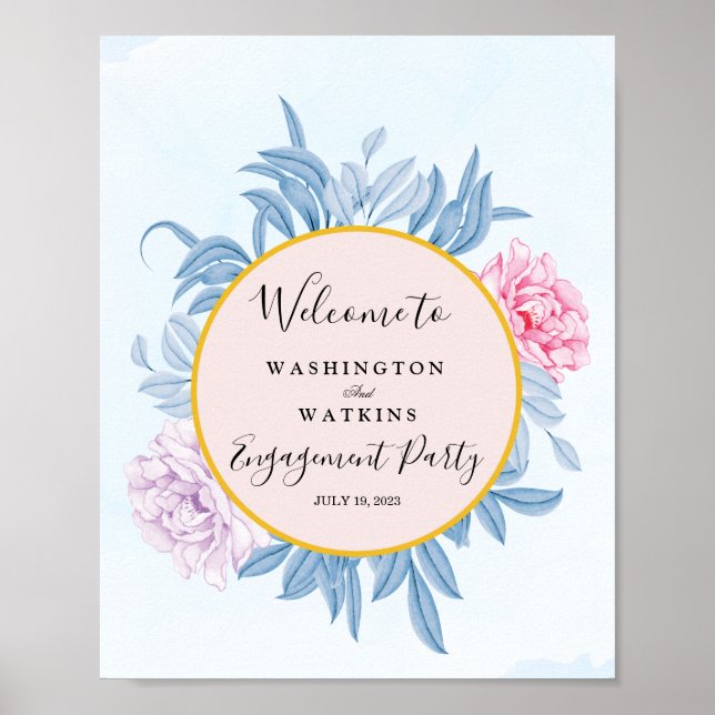 Dusty Blue Watercolor Engagement Party Welcome Poster (Front)