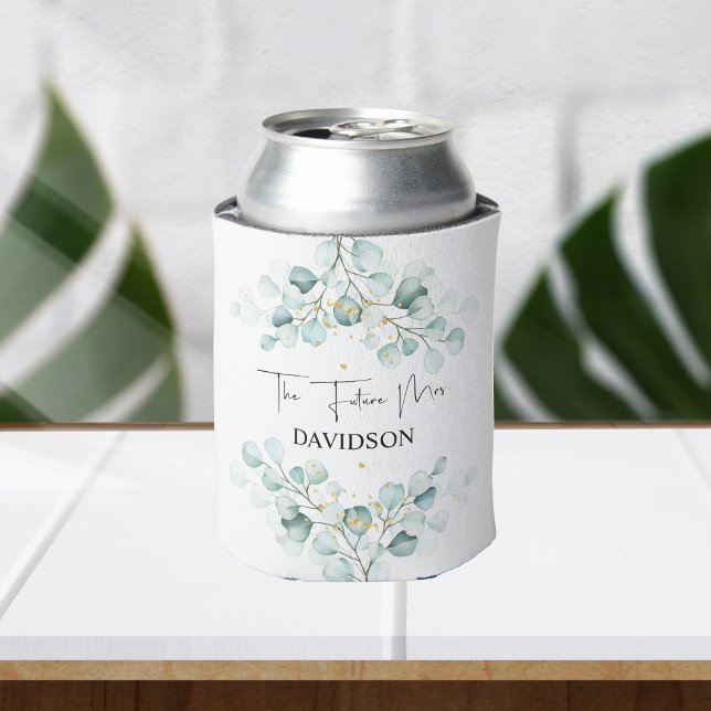 Dusty Blue Watercolor Eucalyptus Bridal Shower Can Cooler (Creator Uploaded)