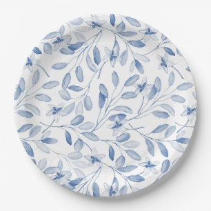 Dusty Blue Watercolor Eucalyptus Floral Paper Plate