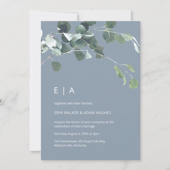 Dusty Blue Watercolor Eucalyptus Greenery Monogram Invitation (Front)