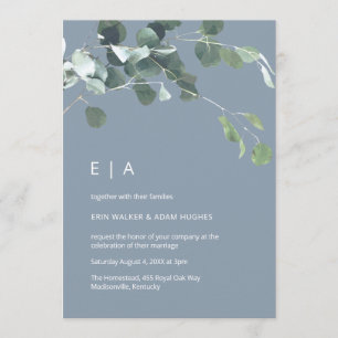 Dusty Blue Watercolor Eucalyptus Greenery Monogram Invitation