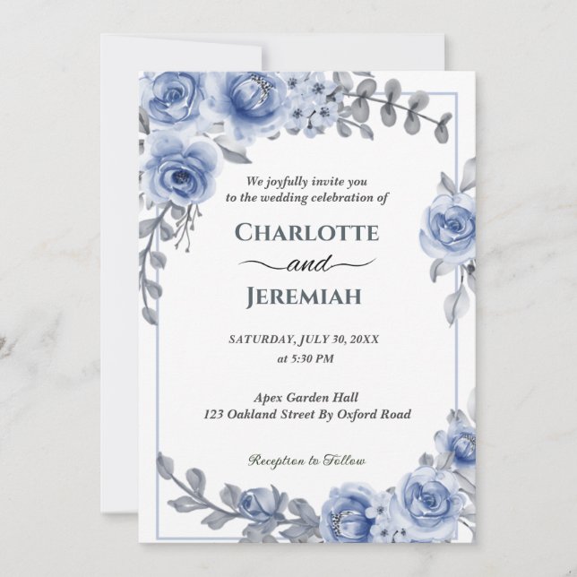 Dusty Blue Watercolor Eucalyptus Wreath Wedding Invitation (Front)