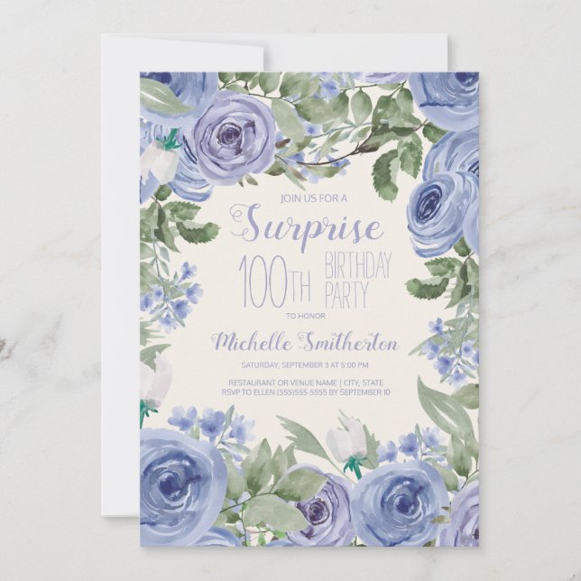Dusty Blue Watercolor Floral 100th Birthday Party Invitation (Front)