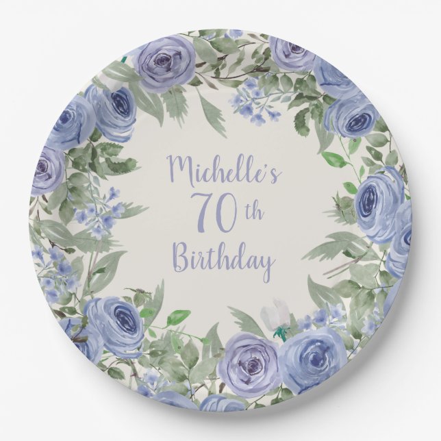 Dusty Blue Watercolor Floral 70th Birthday  Paper Plate (Front)