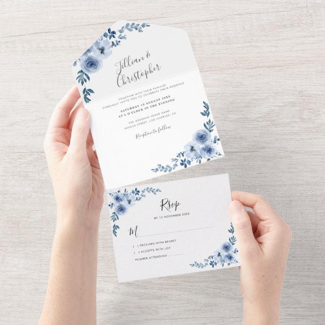 dusty blue watercolor floral  all in one invitation (Tearaway)