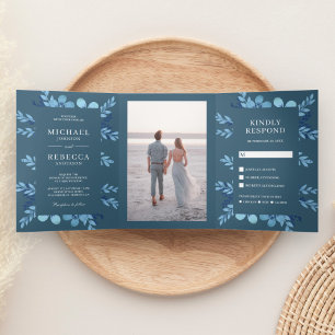 Dusty Blue Watercolor Floral All in One Wedding Tri-Fold Invitation