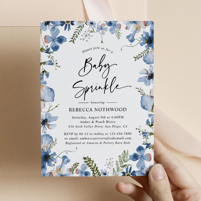 Dusty Blue Watercolor Floral Baby Sprinkle Invitation (Creator Uploaded)