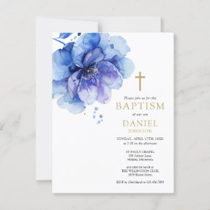 Dusty Blue Watercolor Floral Baptism Invitation Postcard