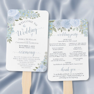 Dusty Blue Watercolor Floral Boho Wedding Program Hand Fan