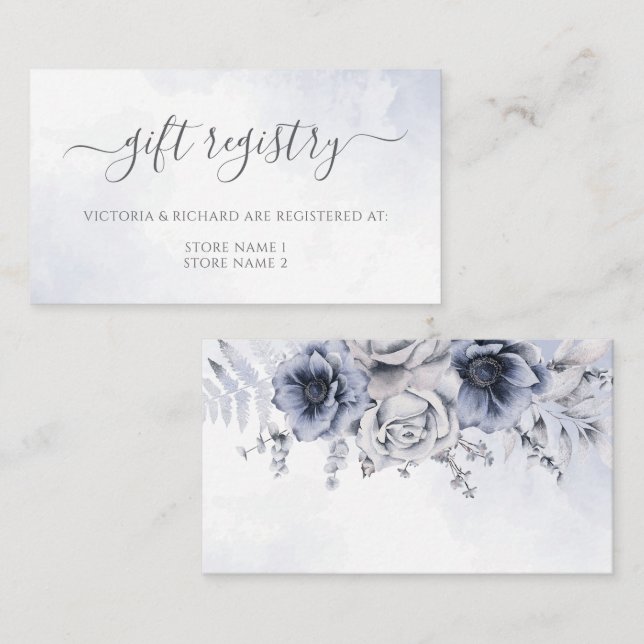 Dusty Blue Watercolor Floral Botanical Wedding Enclosure Card (Front/Back)