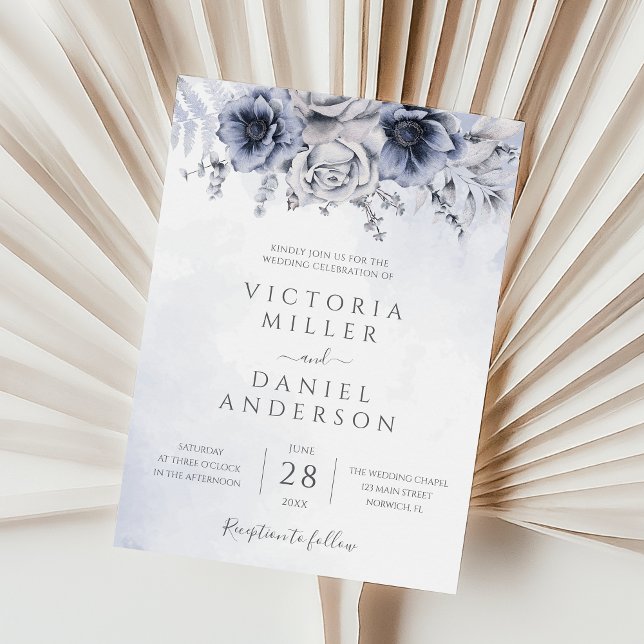 Dusty Blue Watercolor Floral Botanical Wedding Invitation (Creator Uploaded)