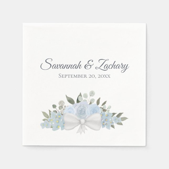 Dusty Blue Watercolor Floral Bouquet Boho Wedding Napkin (Front)
