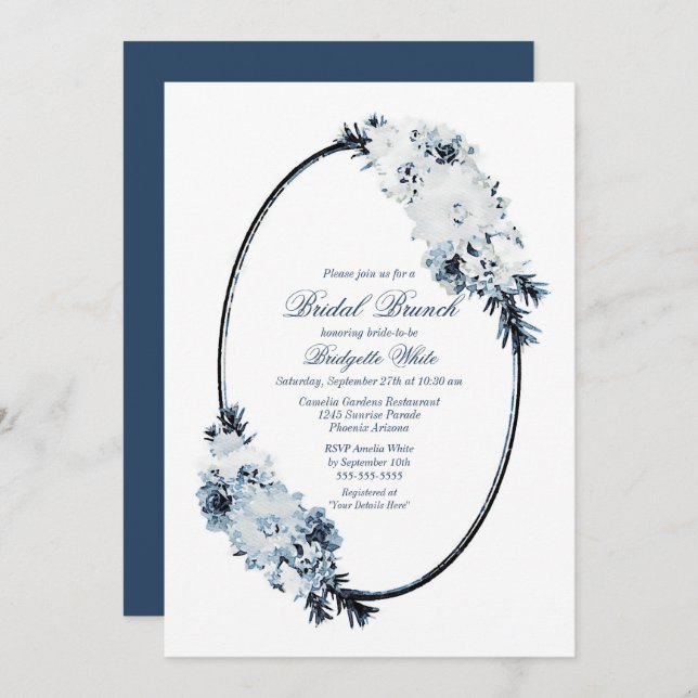 Dusty Blue Watercolor Floral Bridal Brunch Invitation (Front/Back)