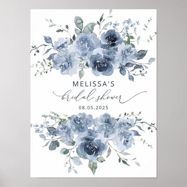 Dusty Blue Watercolor Floral Bridal Shower Poster (Front)