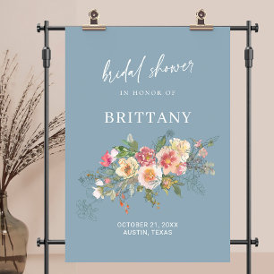 Dusty Blue Watercolor Floral Bridal Shower Welcome Poster