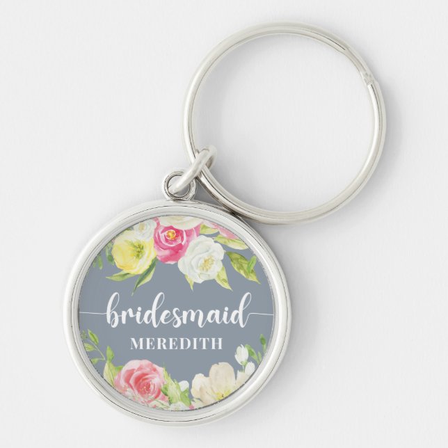 Dusty Blue Watercolor Floral Bridesmaid Name Key Ring (Front)